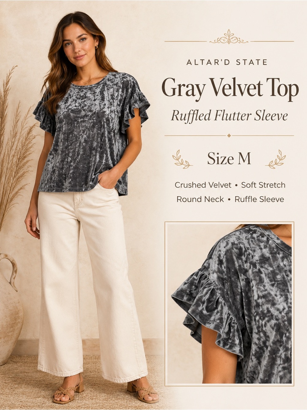 Altar'd State Gray Velvet Ruffled Flutter Sleeve Top Size M